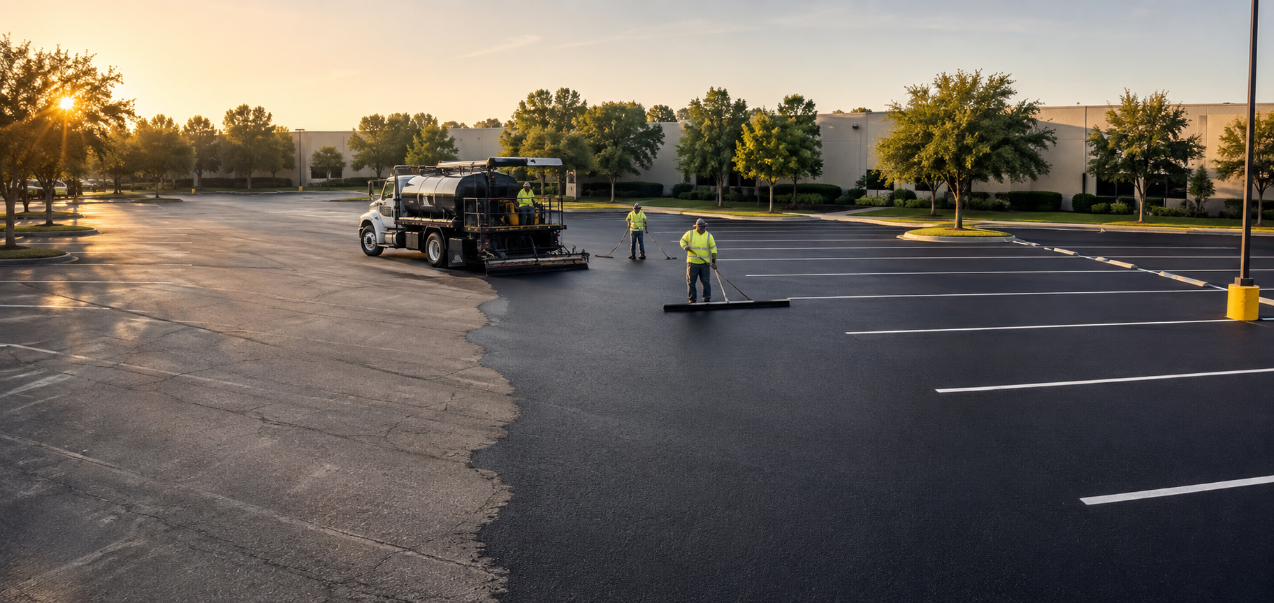 A commercial parking lot transitioning from faded pavement to freshly sealcoated asphalt